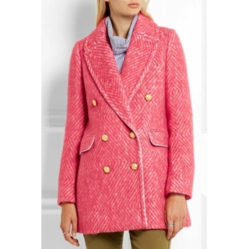 J.Crew Pink Herringbone Tweed Double Breasted Blazer Gold Crest Buttons - Picture 7 of 16